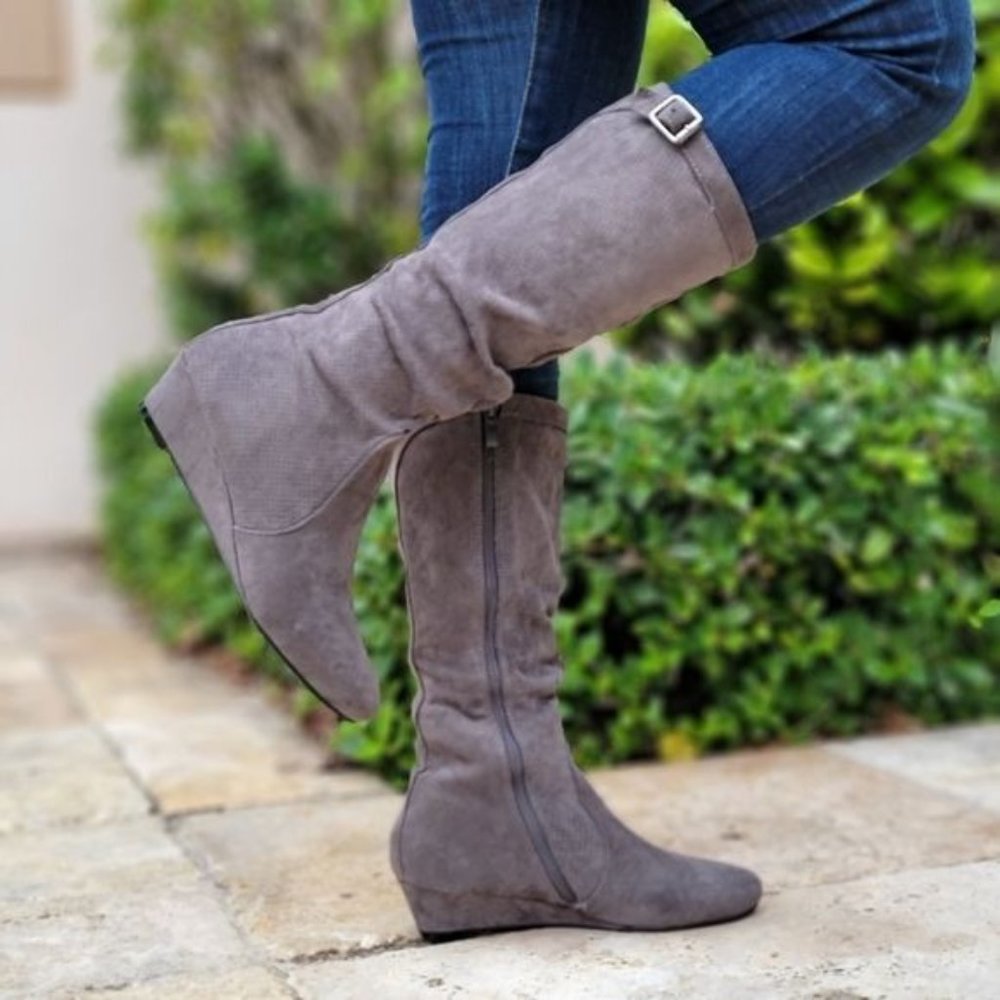 Women's Gray Wrinkle Finish Calf Length Pull On Boots Rounded Toe